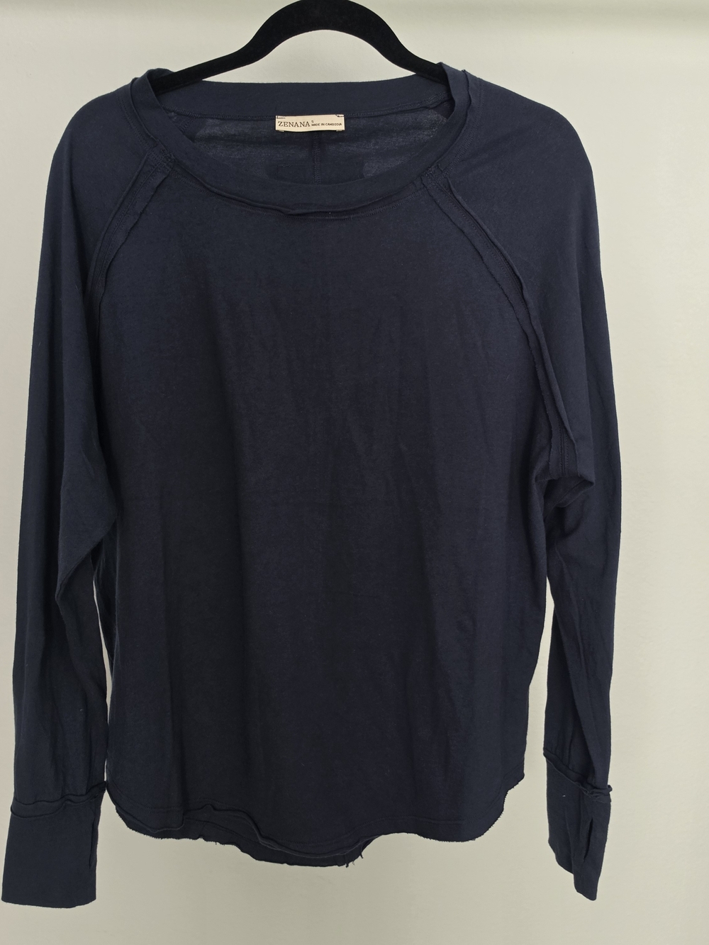 Zenana Outfitters Navy Long-Sleeve Crewneck Top - Size S